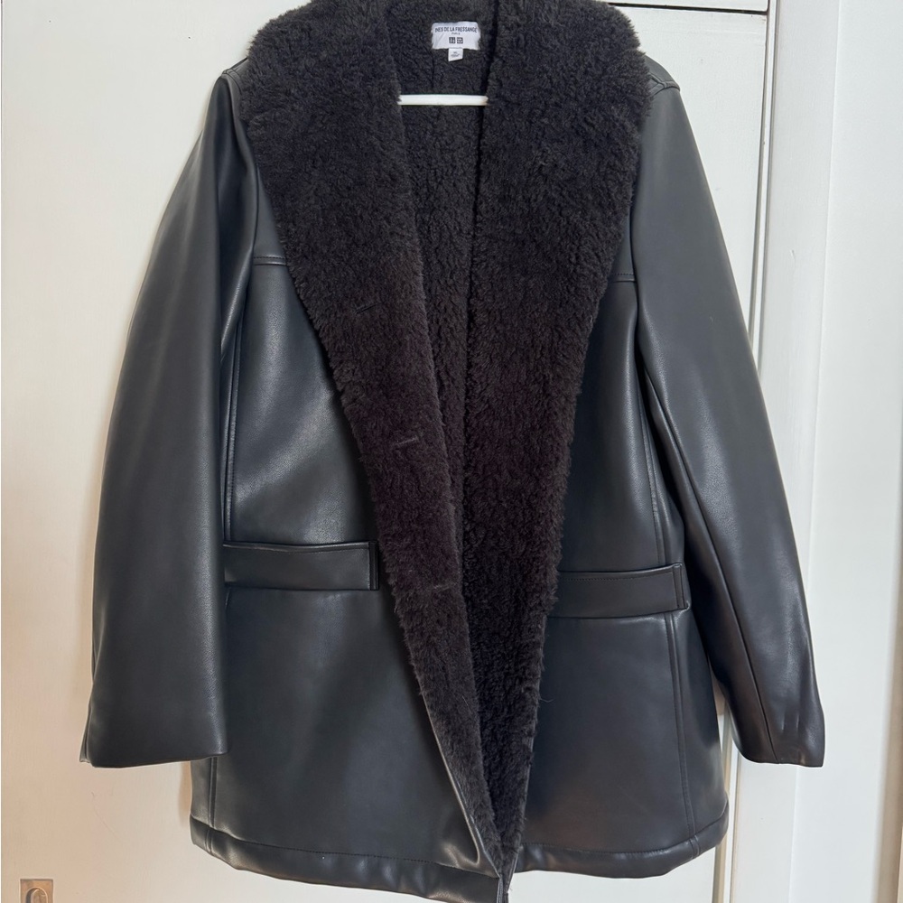 Women's Black Faux Leather Coat Sherpa Lined Uniqlo